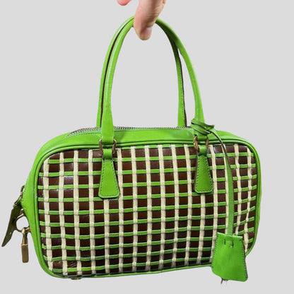Prada 2001 Mini Top Handle Leather Woven Bag + Cards & Dustbag | O/S, Green