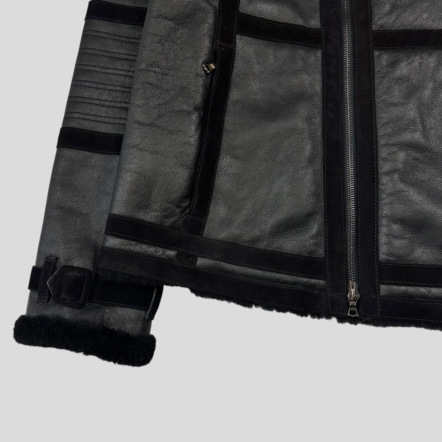 Neil Barrett Leather Lambskin Shearling Asymetrical Biker Jacket - S