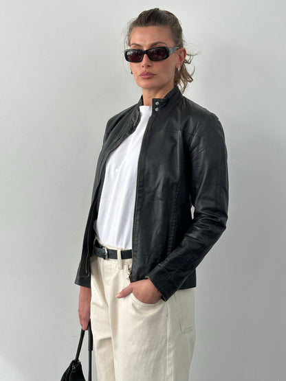 Italian Vintage 1990s Fitted High Neck Leather Jacket - XS