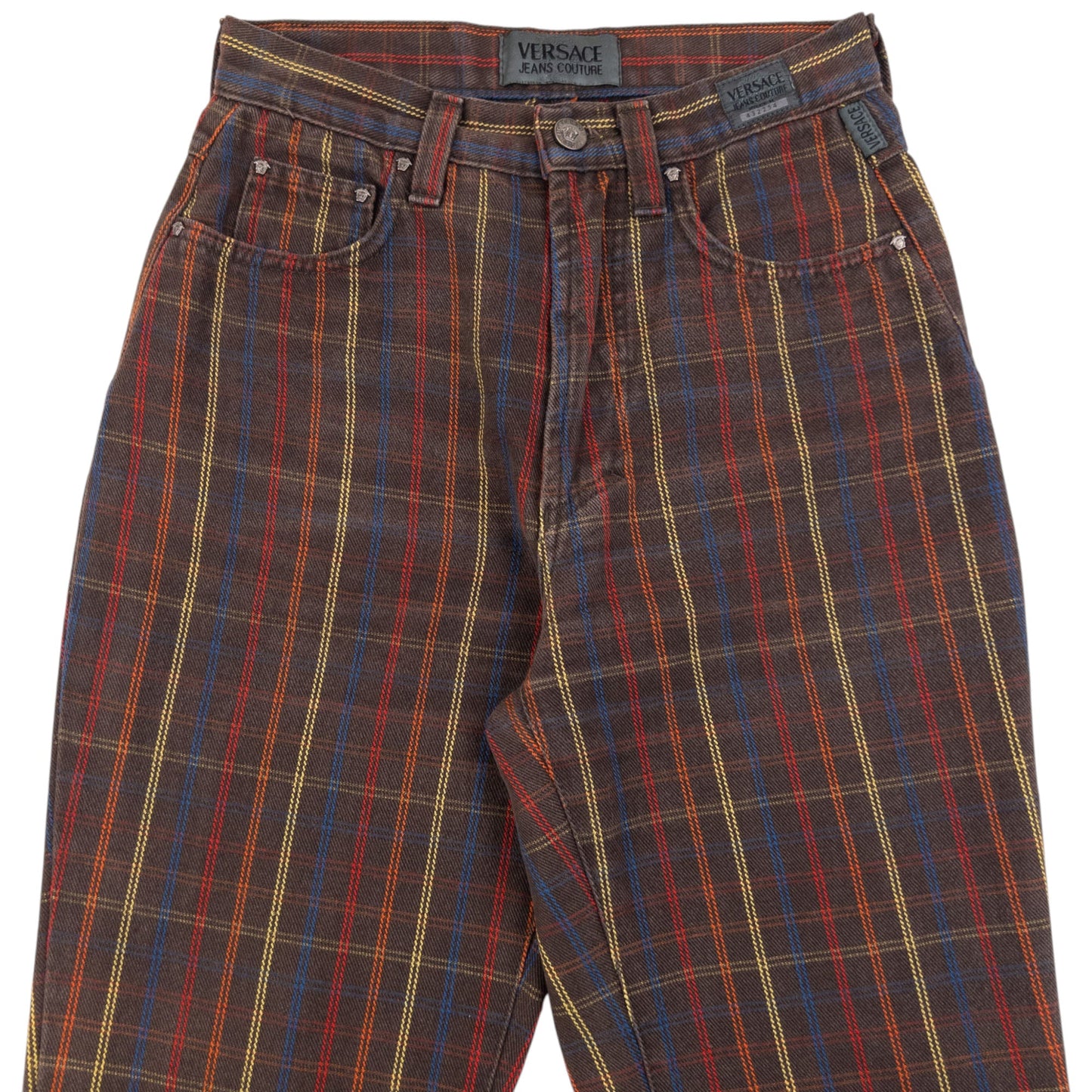 Vintage 90s Versace Jeans Couture Checkered Trousers Size W24 | W24, Brown