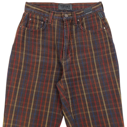 Vintage 90s Versace Jeans Couture Checkered Trousers Size W24 | W24, Brown