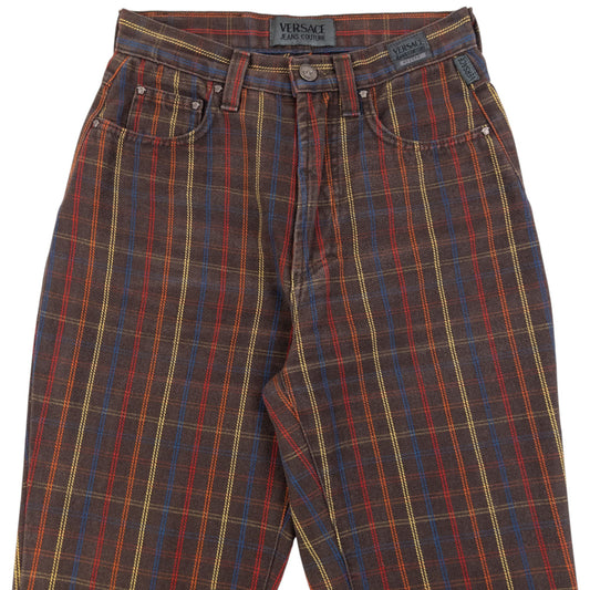 Vintage 90s Versace Jeans Couture Checkered Trousers Size W24 | W24, Brown
