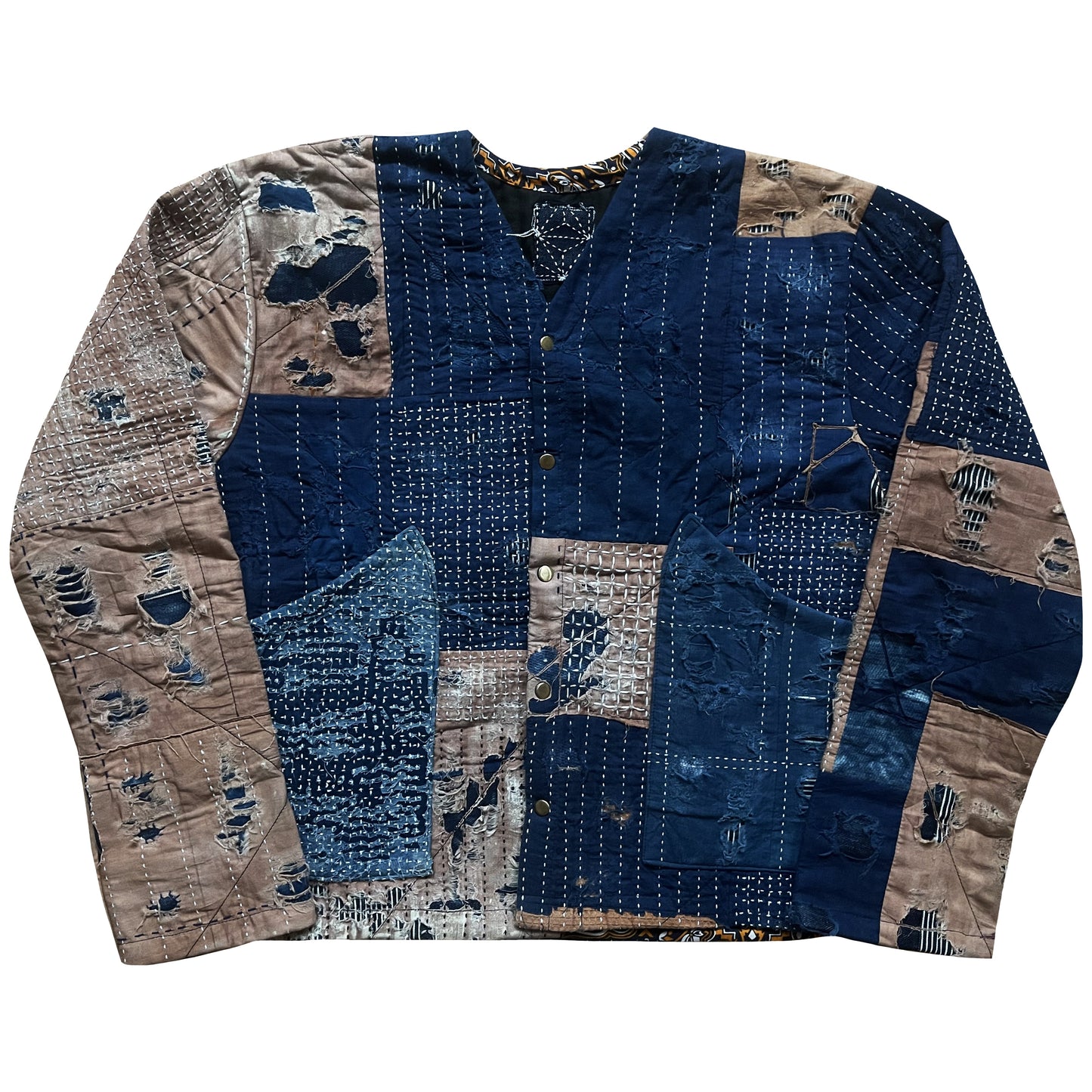 Indigo Collarless Boro Denim Jacket - M