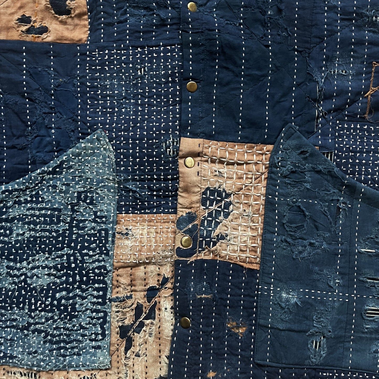 Indigo Collarless Boro Denim Jacket - M