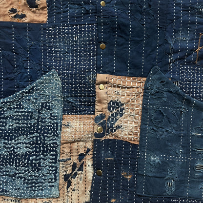Indigo Collarless Boro Denim Jacket - M