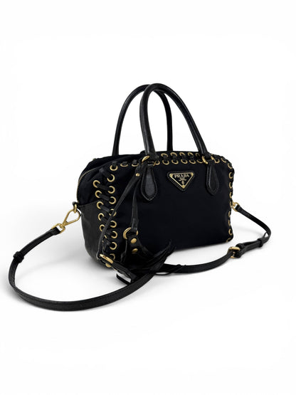 2000s RARE Prada Nylon Grommet Stitch 2Way Handbag | O/S, Black