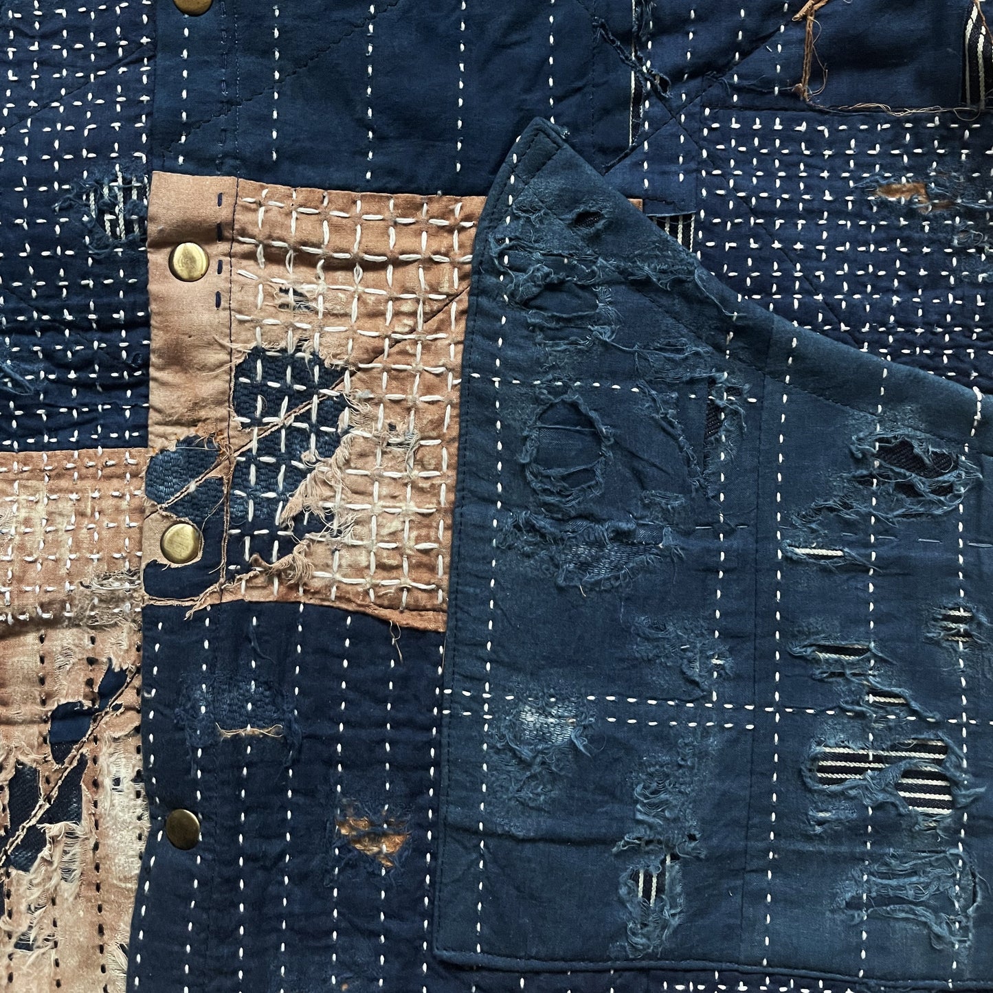 Indigo Collarless Boro Denim Jacket - M