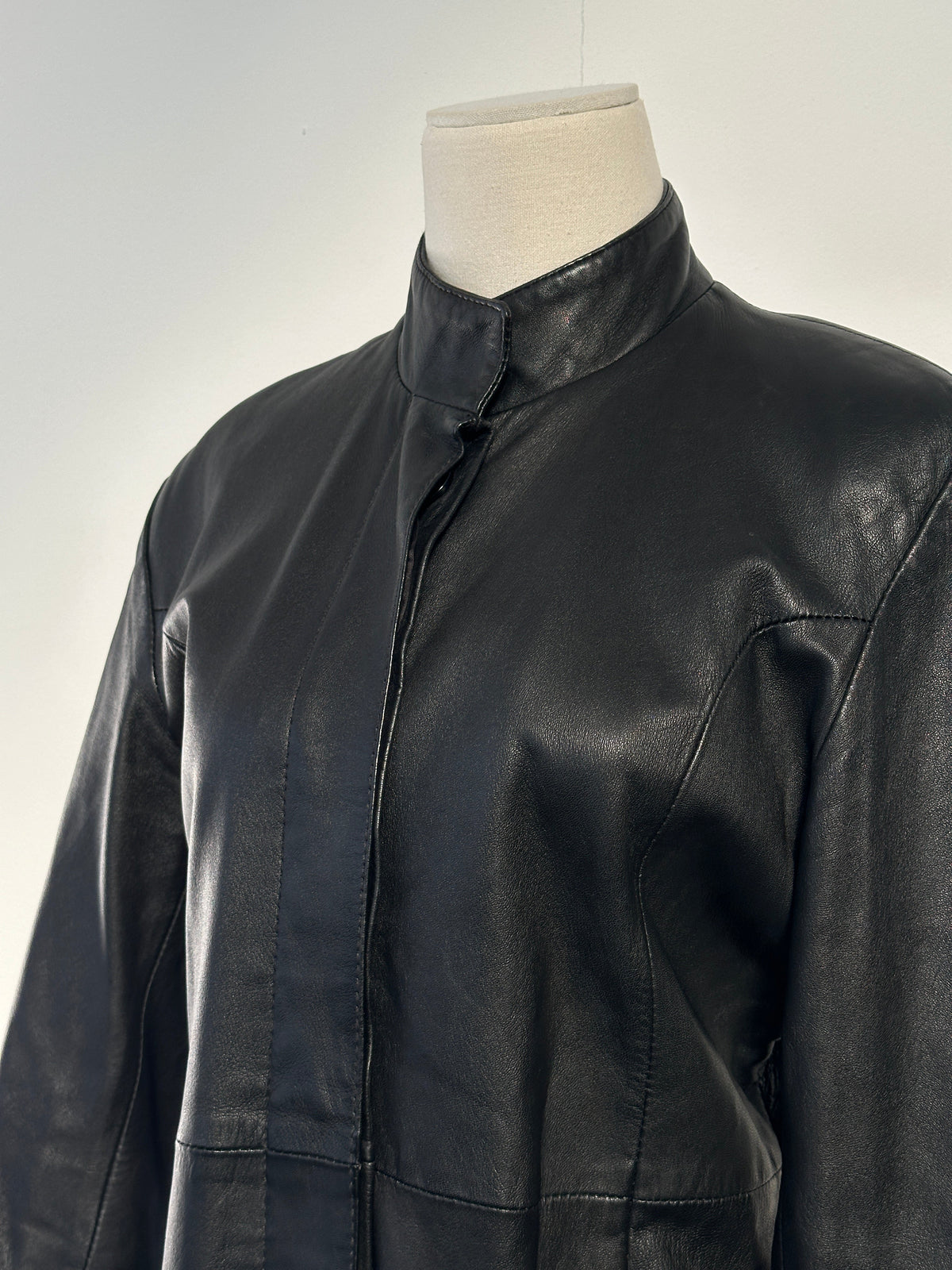 Vintage 1990s leather trench coat in size S, floor-length style with classic design and detailed leather material.