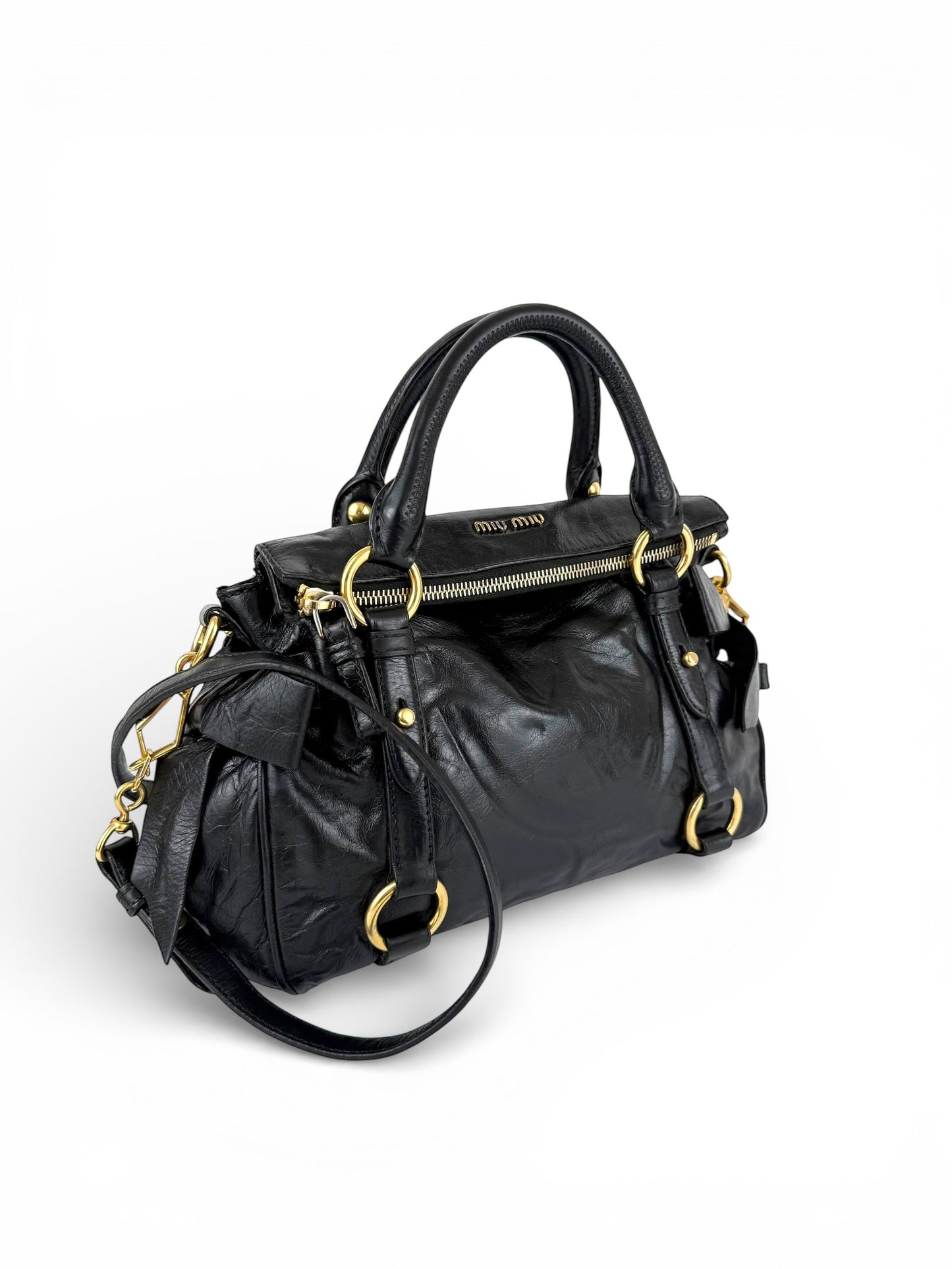 2012 Miu Miu Vitello Shine Leather 2way Bow Black Handbag | O/S, Black
