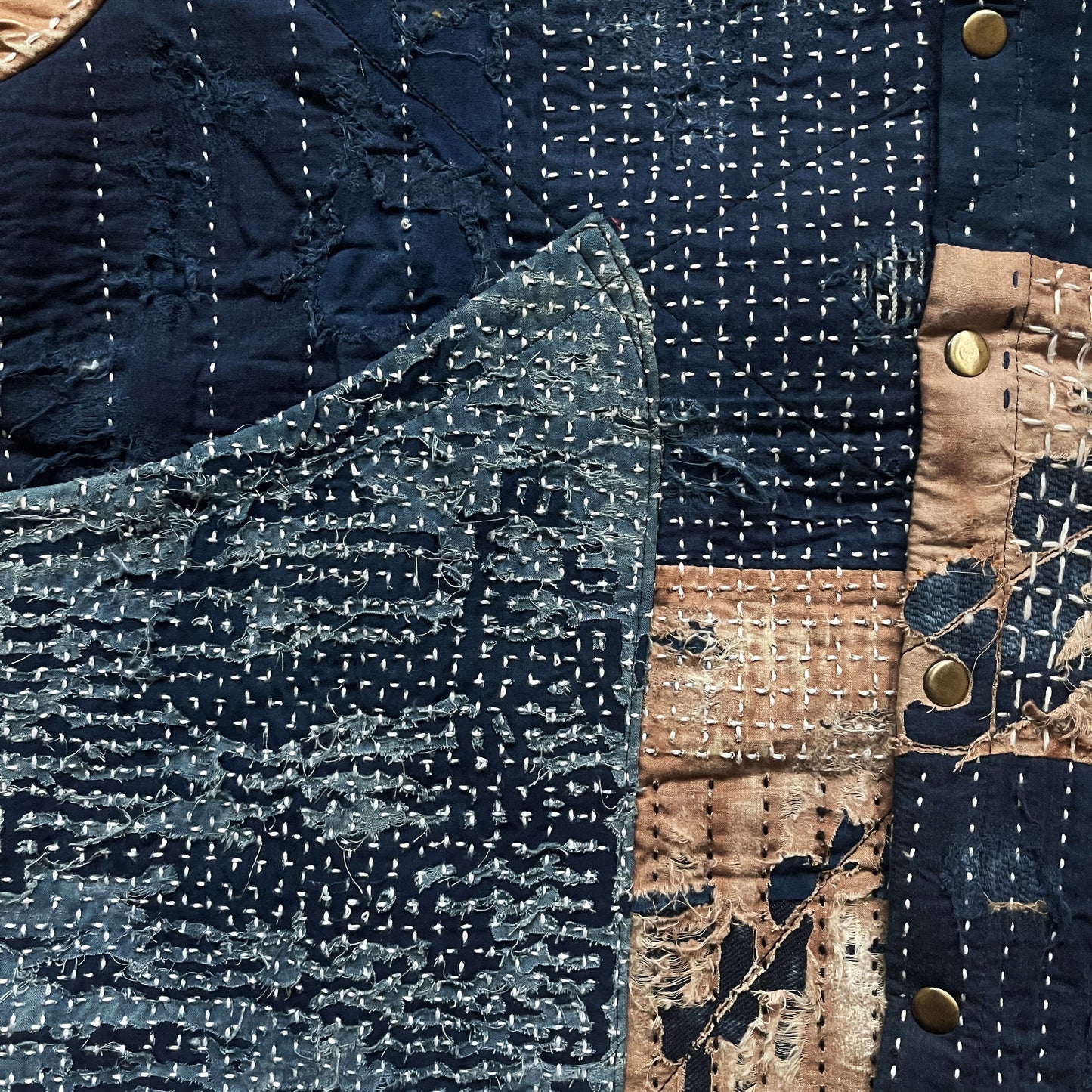 Indigo Collarless Boro Denim Jacket - M