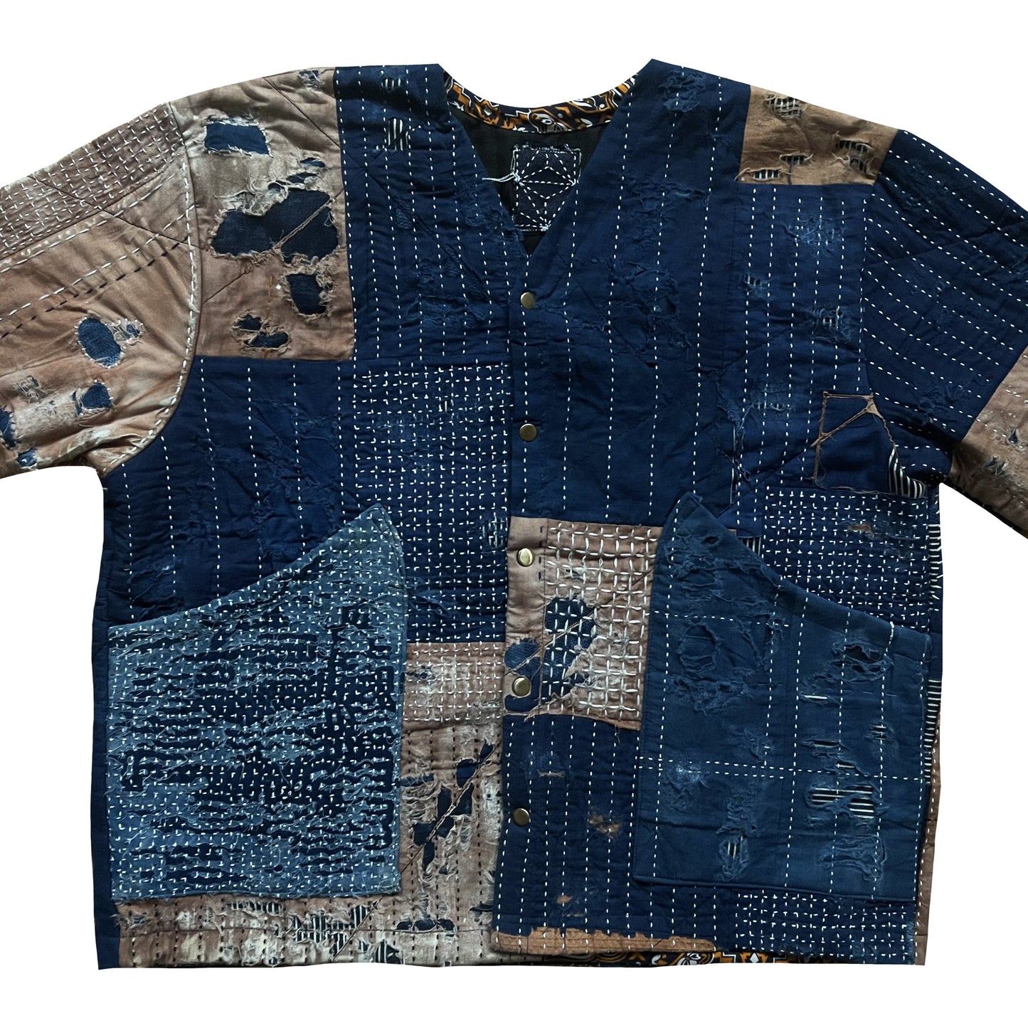 Indigo Collarless Boro Denim Jacket - M