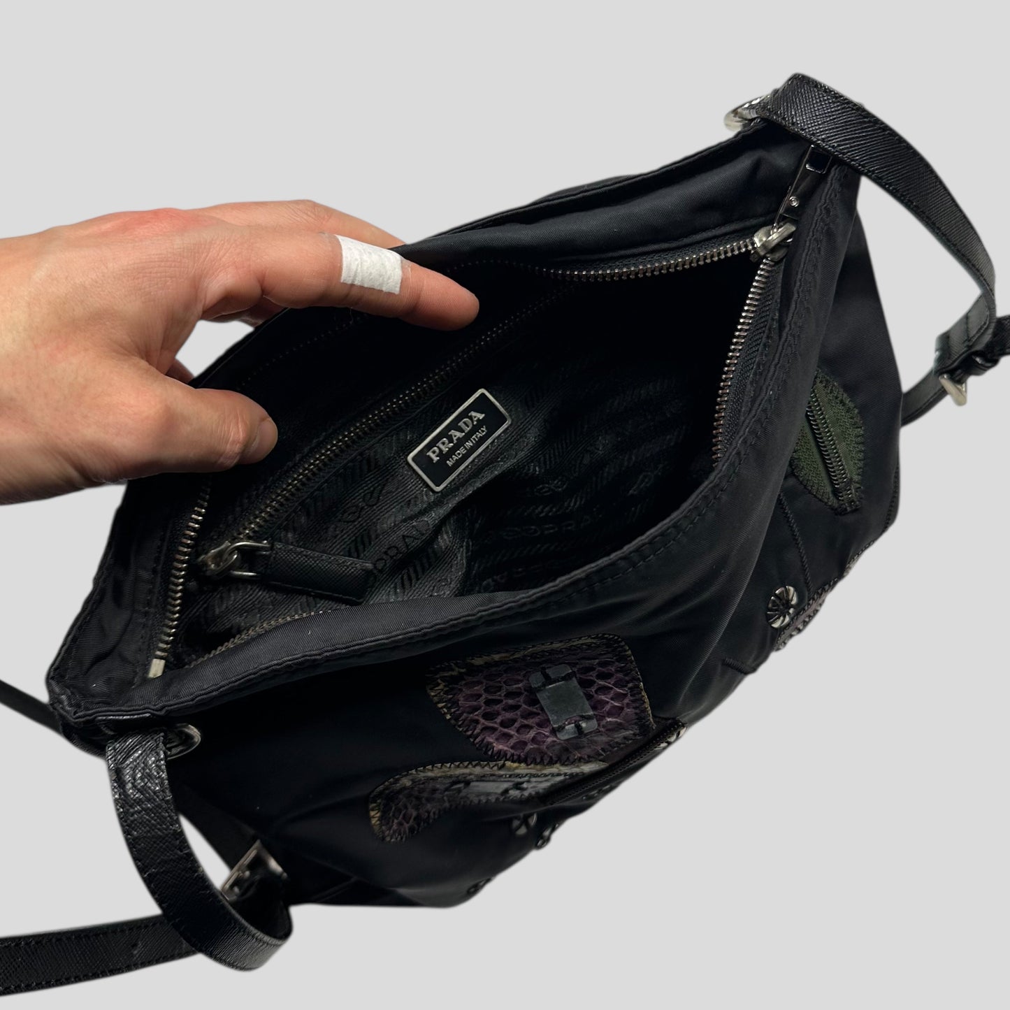 Prada Milano 00’s Python Leather Appliqué Reversible Nylon Crossbody Bag | O/S, Black