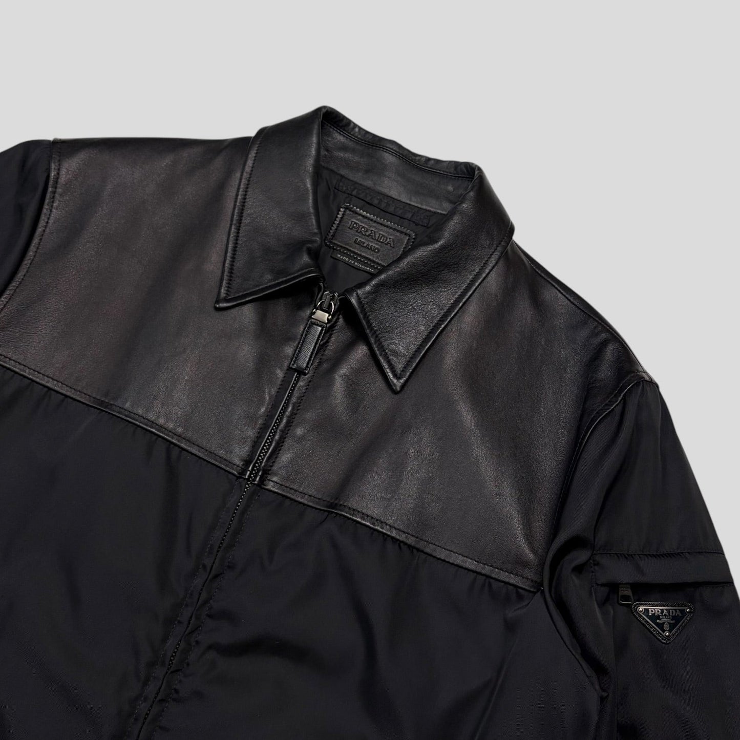 Prada 2013 Triangle Logo Gabardine Nylon & Leather Blouson Jacket - L/XL | O/S, Black