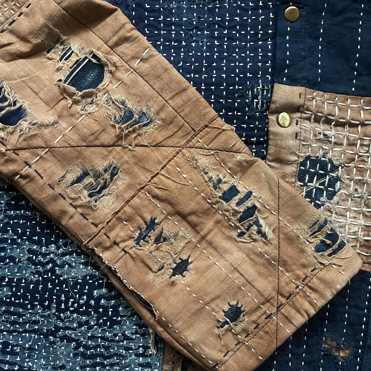 Indigo Collarless Boro Denim Jacket - M