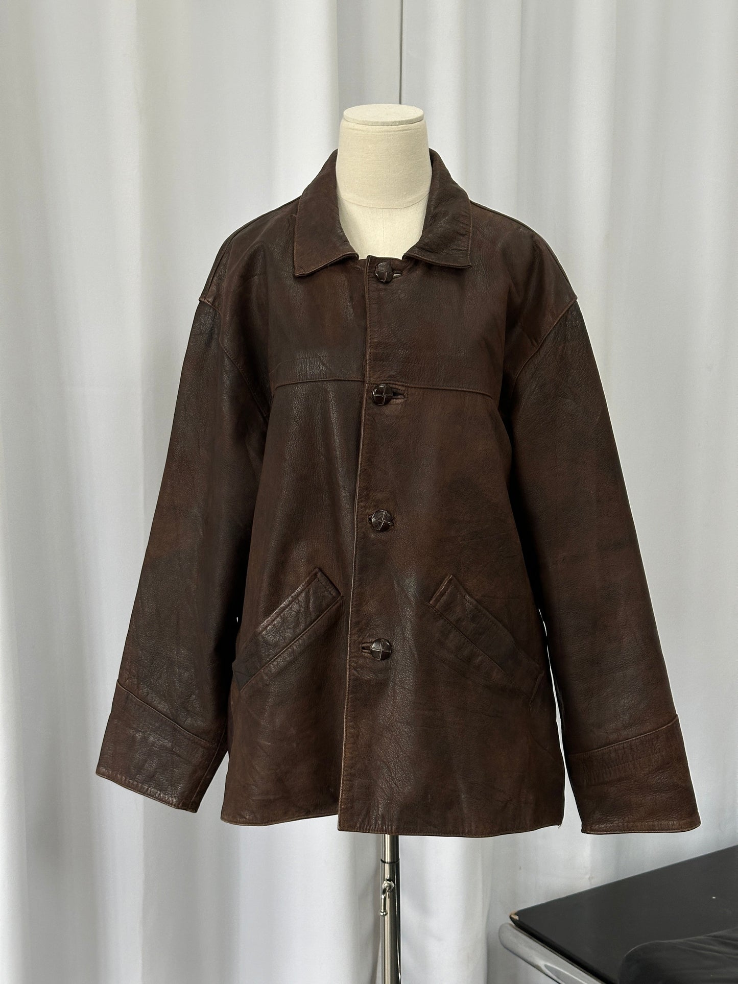 Vintage 1980s Aged Boxy Leather Jacket - XL