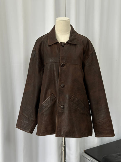 Vintage 1980s Aged Boxy Leather Jacket - XL