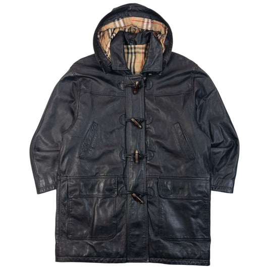 Vintage 90s Burberry Nova Check Lined Leather Duffle Jacket Size L | O/S, Black