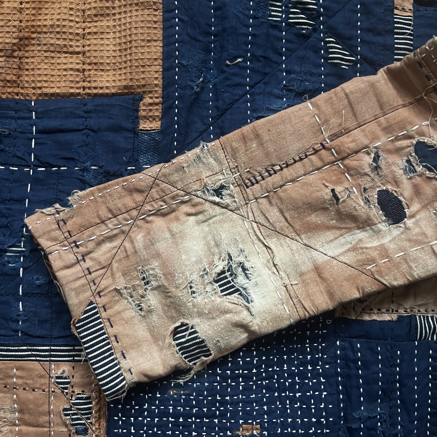 Indigo Collarless Boro Denim Jacket - M