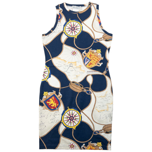 Vintage 80s Gucci Nautical Map Print Dress Womens Size M | Medium, Tan