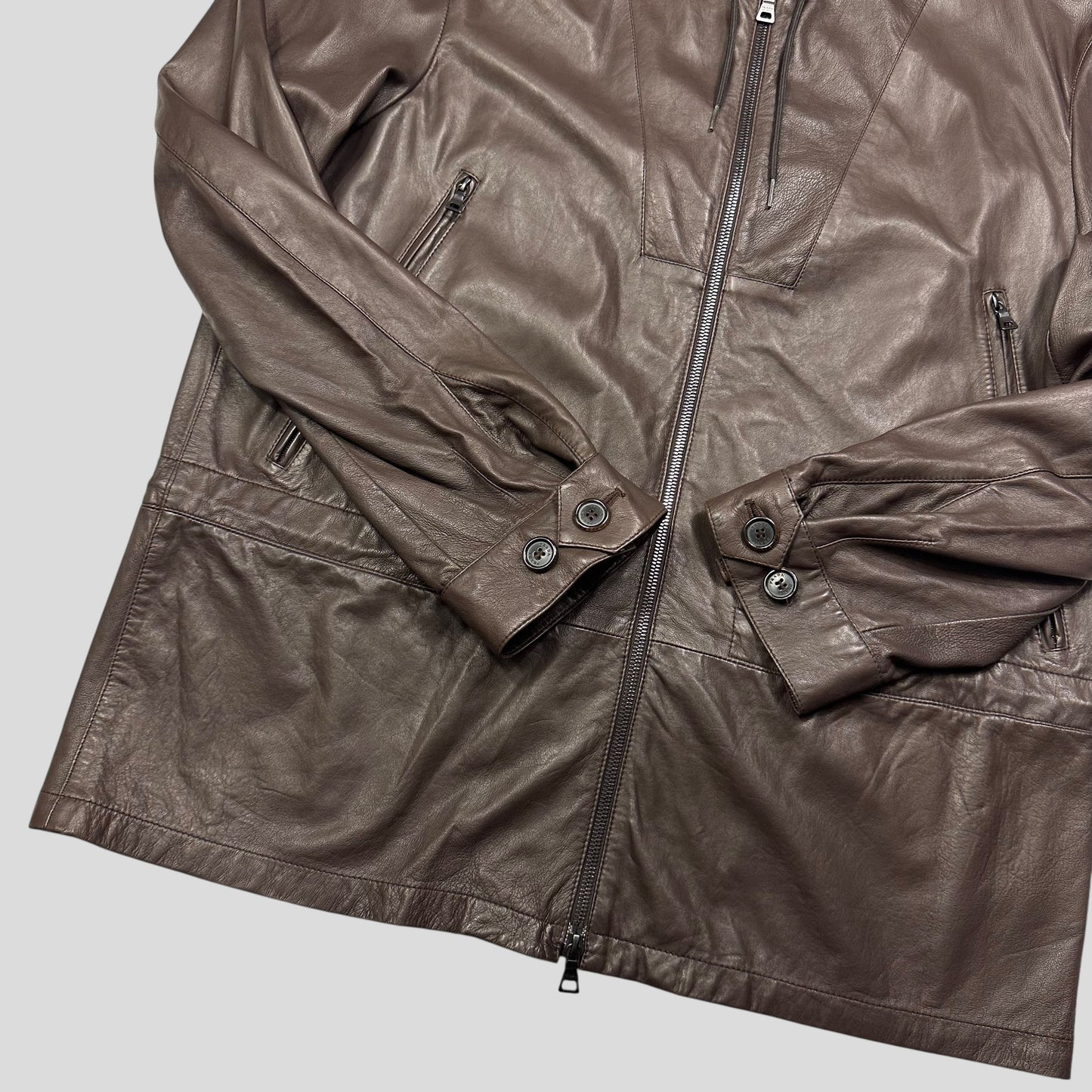 Prada Milano 00’s Nappa Leather Stash Pocket Hooded Jacket - L | Default Title, Brown