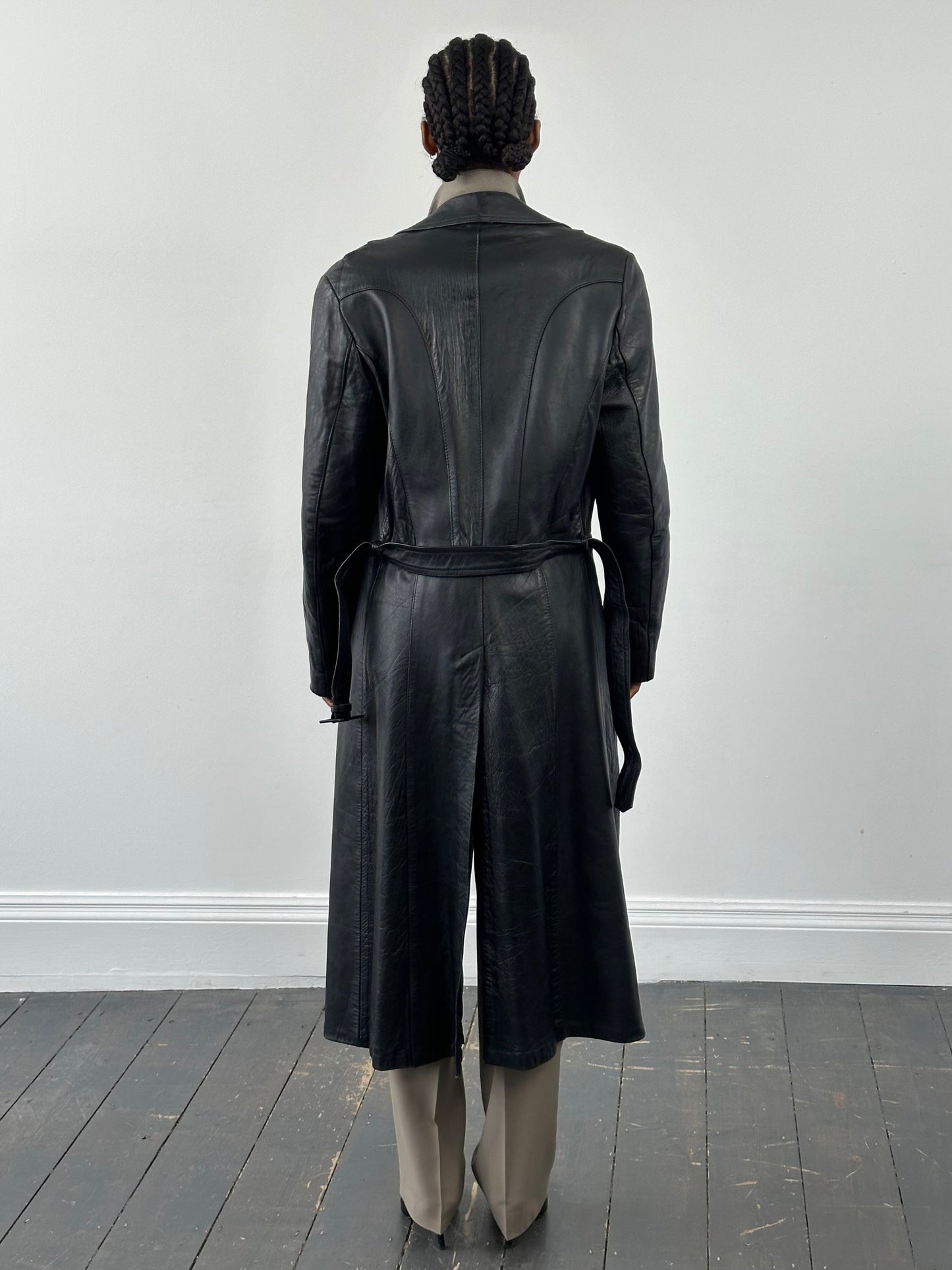 Vintage 1990s Leather Belted Trench Coat - S/M