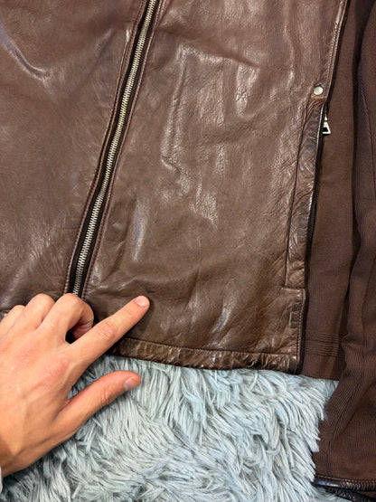 Prada Sport 2004 Brown Leather + Cotton Panelled Biker Jacket - L | O/S, Brown