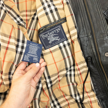 Vintage 90s Burberry Nova Check Lined Leather Jacket Size XL | XL, Black