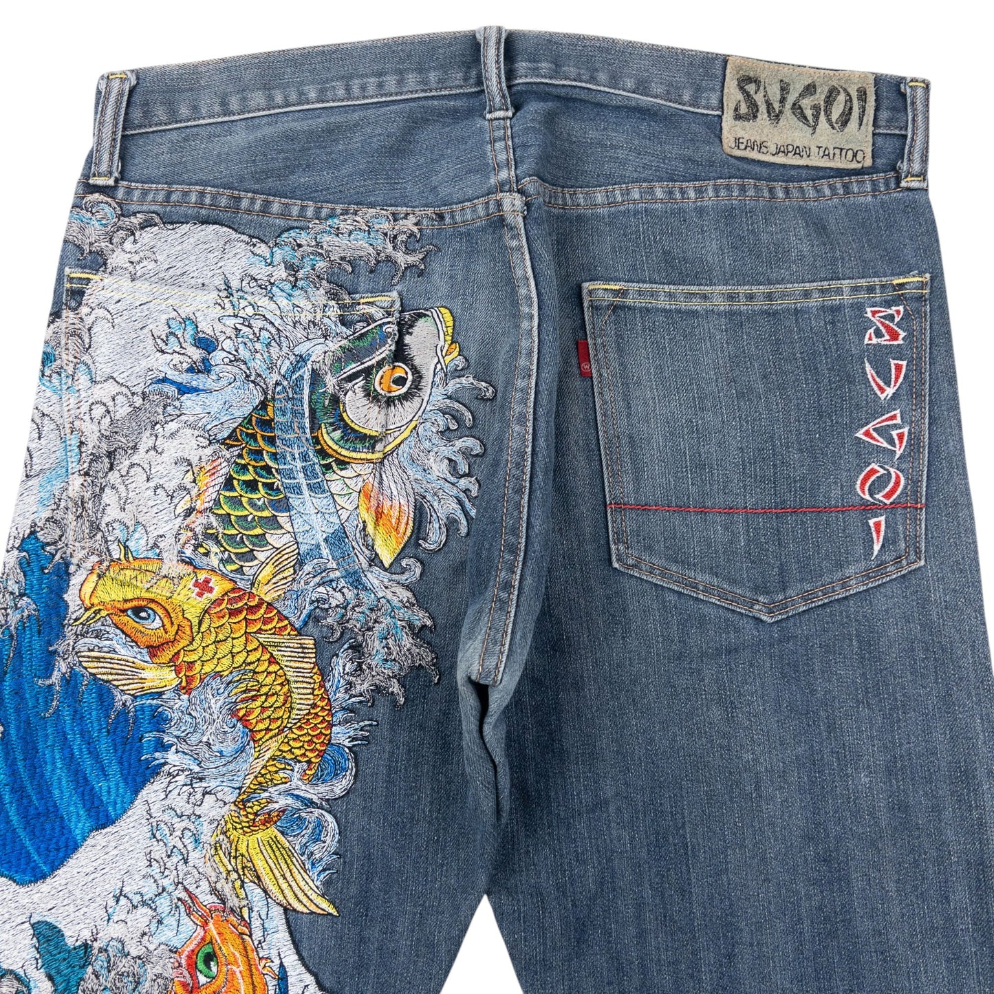 Vintage 2000s Sugoi Embroidered Koi Fish Japanese Denim Jeans Size W36
