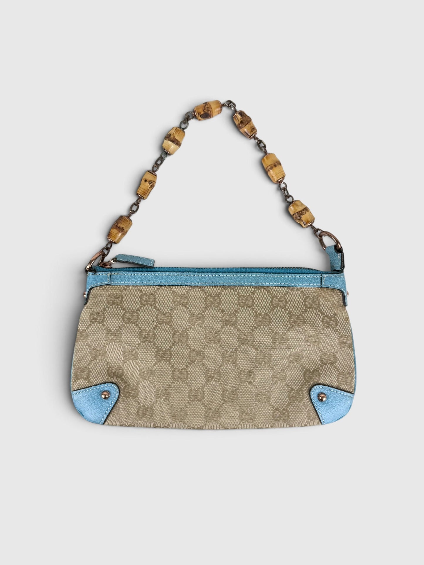 Vintage 90s Gucci Monogram Mini Bamboo Chain Shoulder Bag | O/S, Beige, Blue