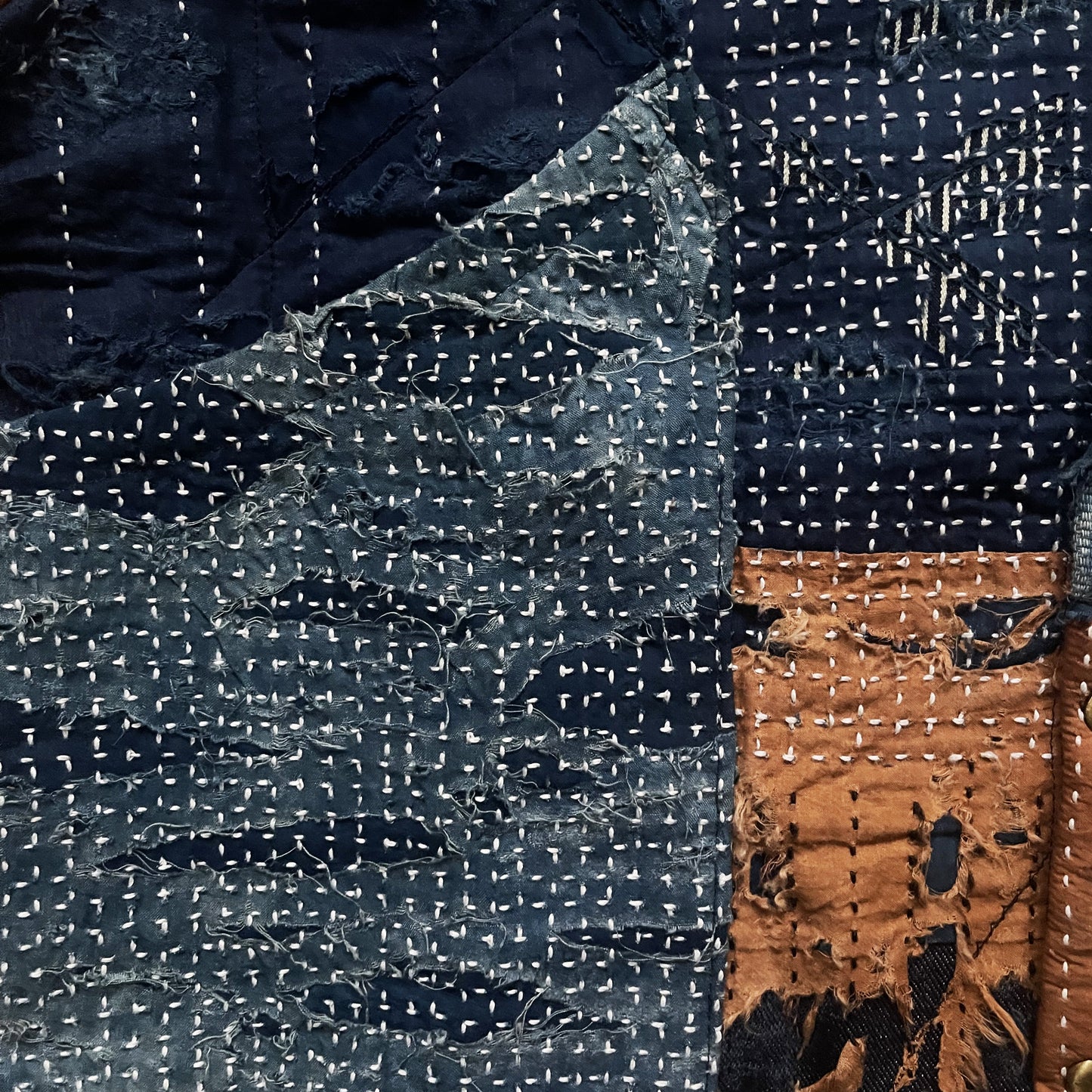 Indigo Collarless Boro Denim Jacket - M