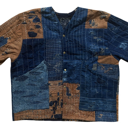 Indigo Collarless Boro Denim Jacket - M
