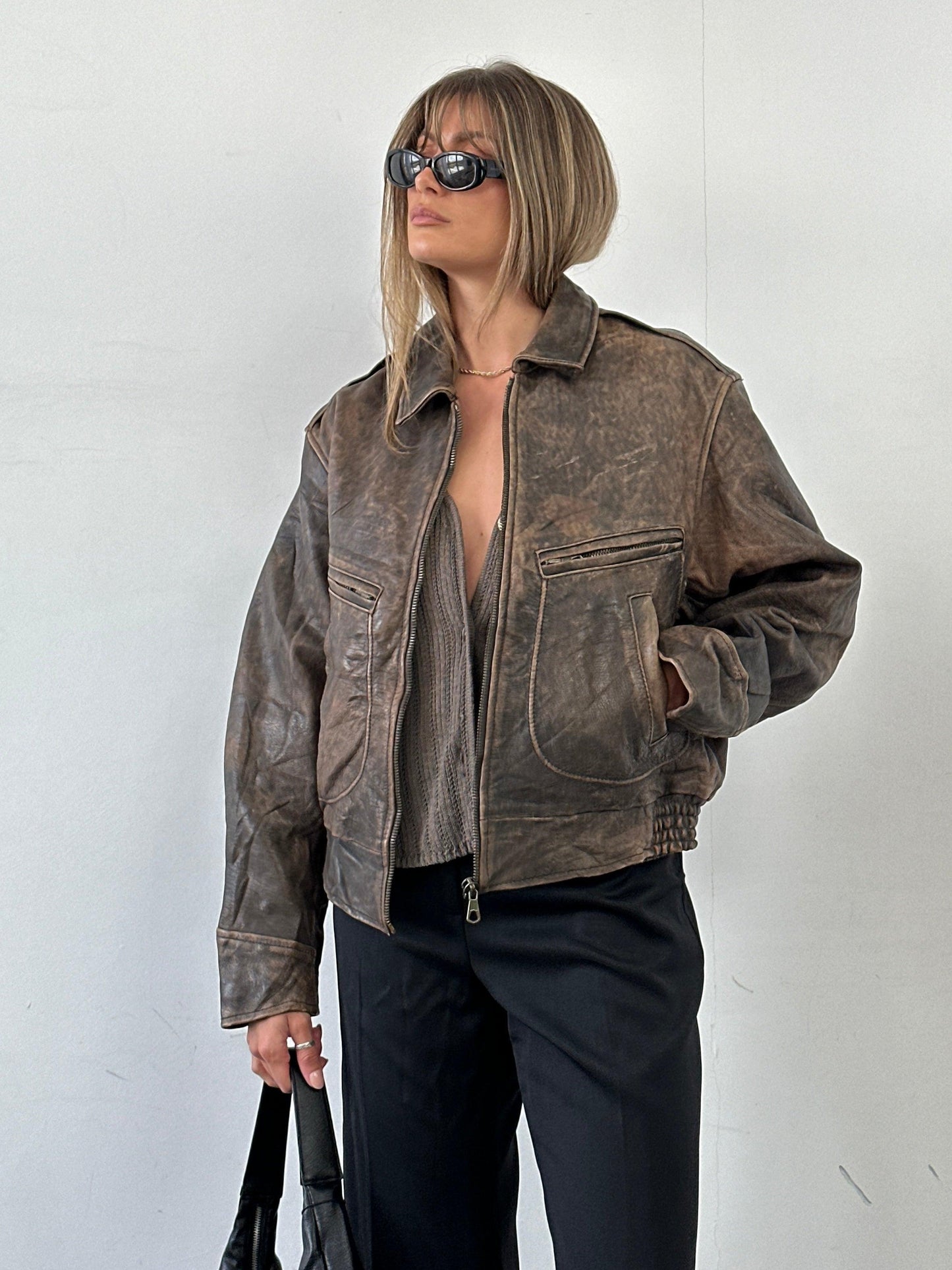 Vintage Distressed Leather Bomber Jacket - M/L - Known Source