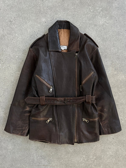 Italian Vintage 1990s Aged Belted Leather Jacket - M