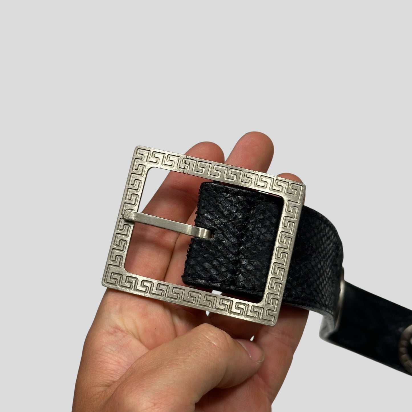 Gianni Versace 90’s Snakeskin Leather Greek Key Belt | O/S, Black