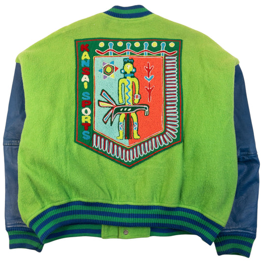 Vintage 90s Kansai Yamamoto Sports Wool Leather Bomber Jacket Size XL | XL, Blue