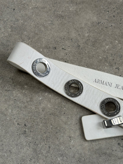 Armani Jeans 1990s Silver Eyelet Logo Leather Belt - W26-32