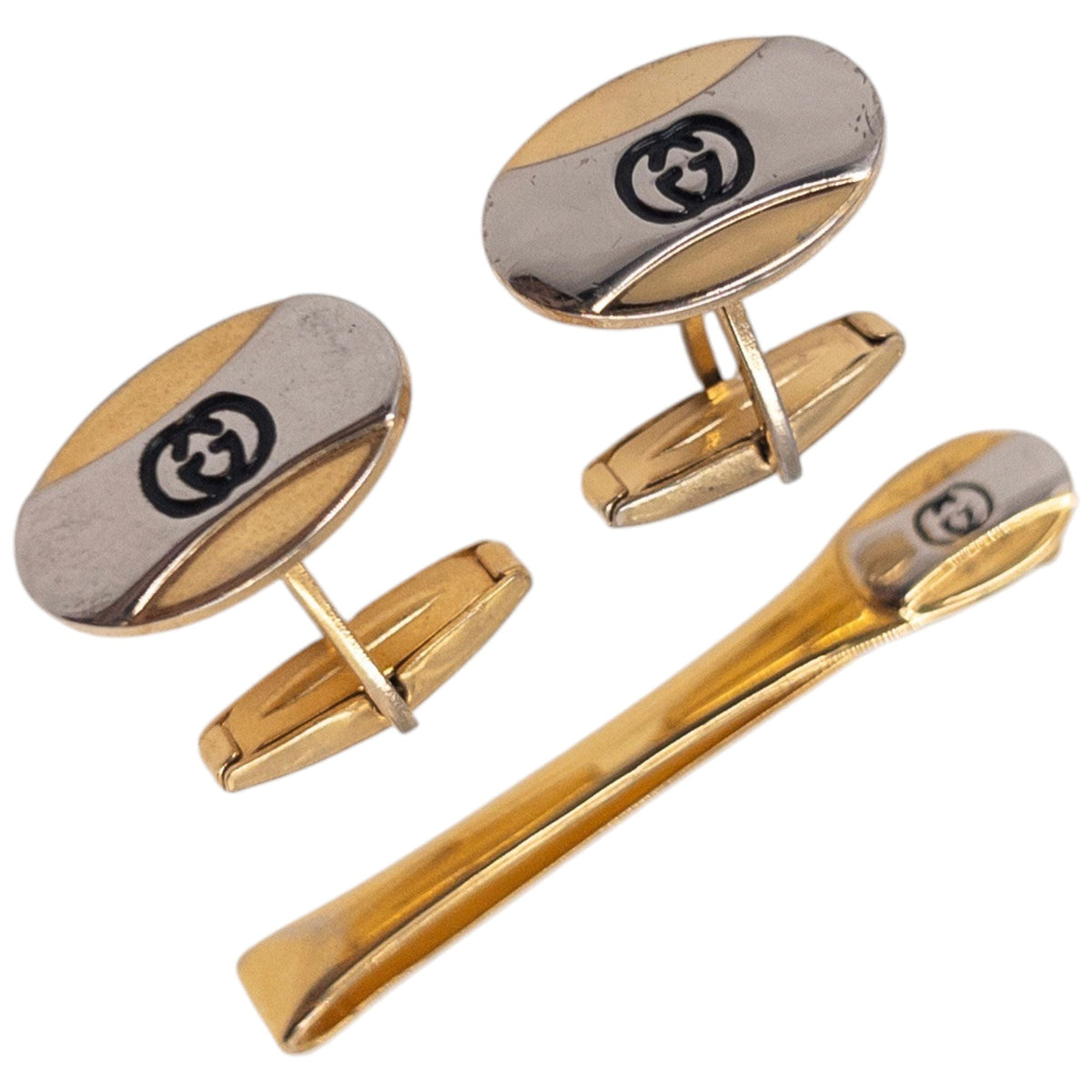 Vintage 90s Gucci Embossed Cufflinks & Tie Clip Set | O/S, Gold