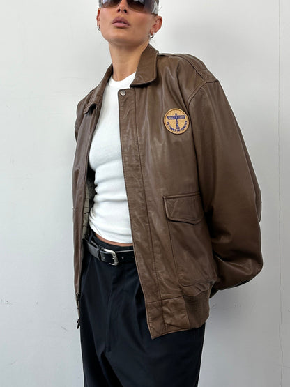 Vintage Embroidery Aviator Leather Bomber Jacket - M/L