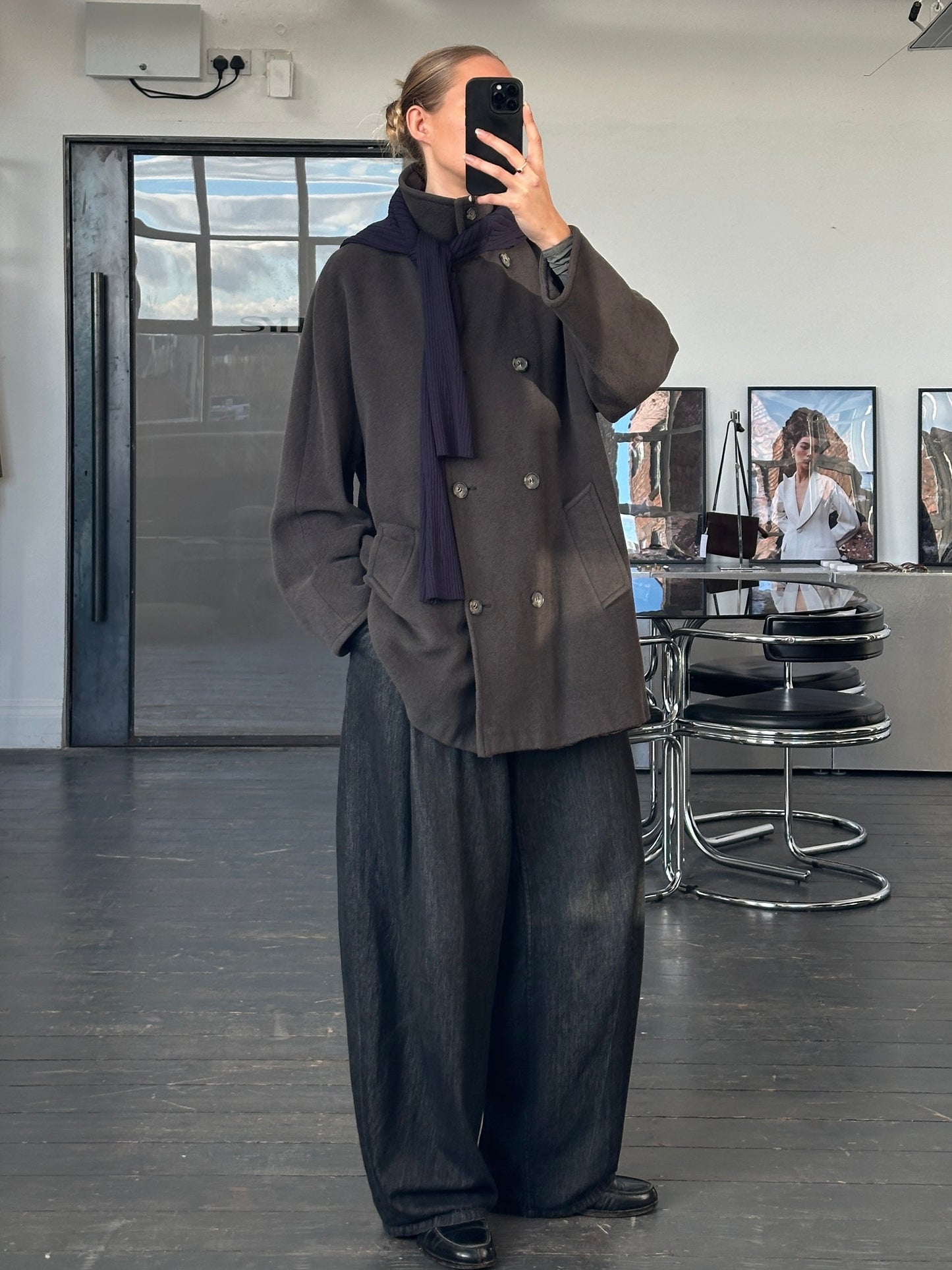 Marella 1990s virgin wool double-breasted coat in size L/XL, featuring a classic design, lapel collar, and button details.