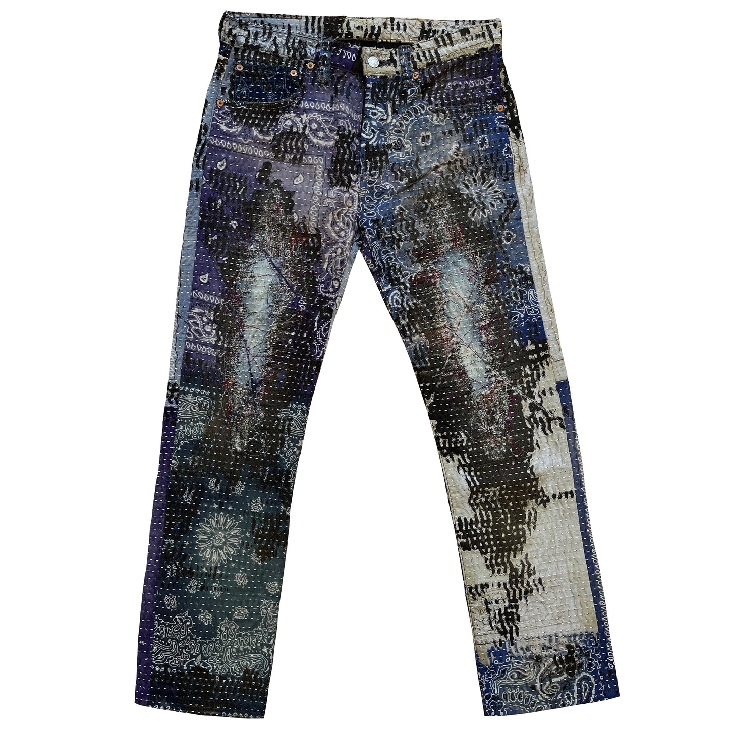 Boro Patchwork Sashiko Distressed Jeans - W32" | W32, Indigo