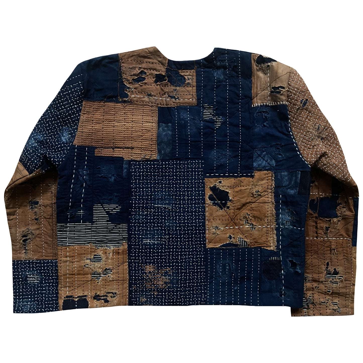 Indigo Collarless Boro Denim Jacket - M