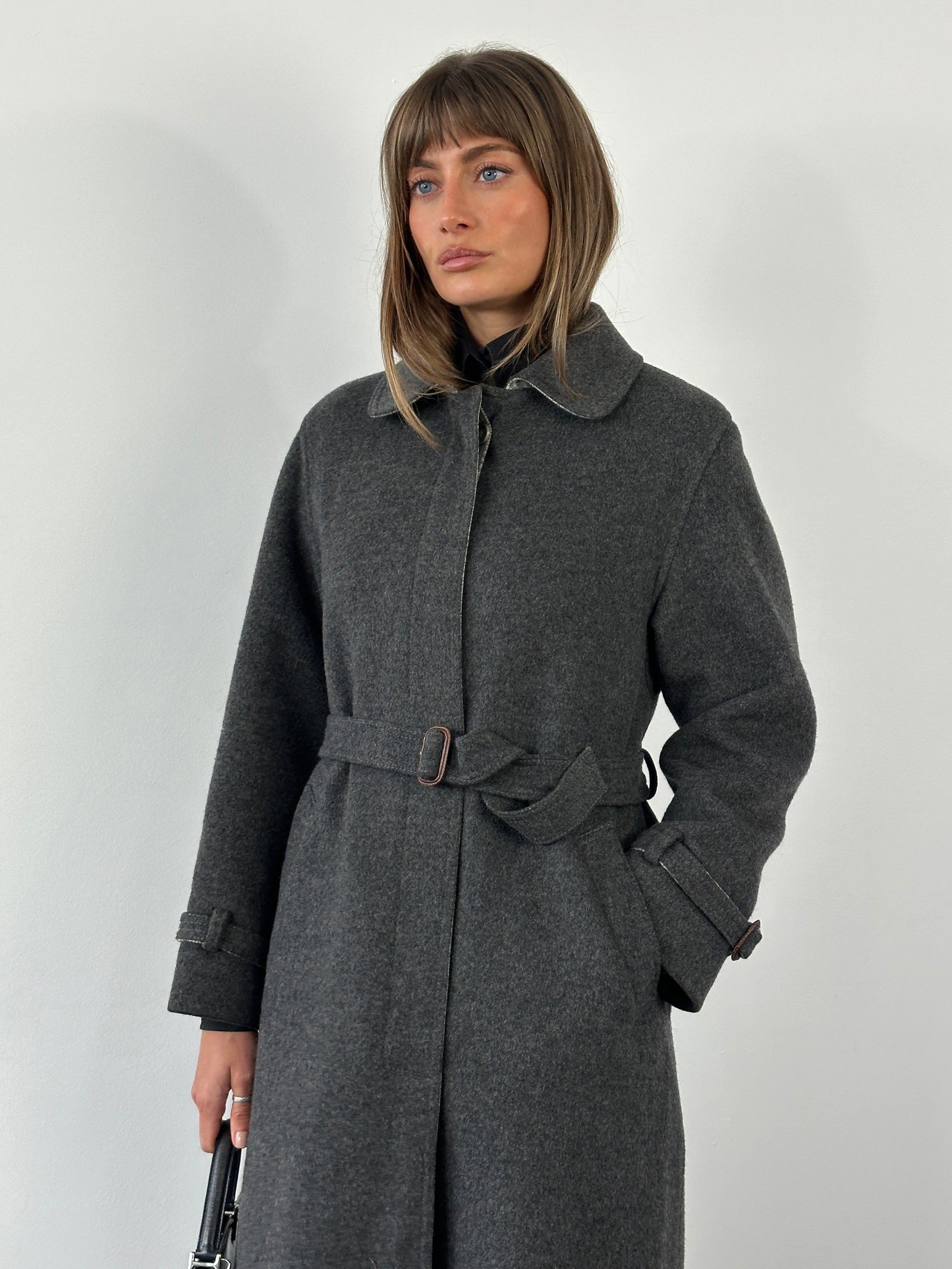 Vintage 1980s Wool Belted Concelled Placket Coat - S/M