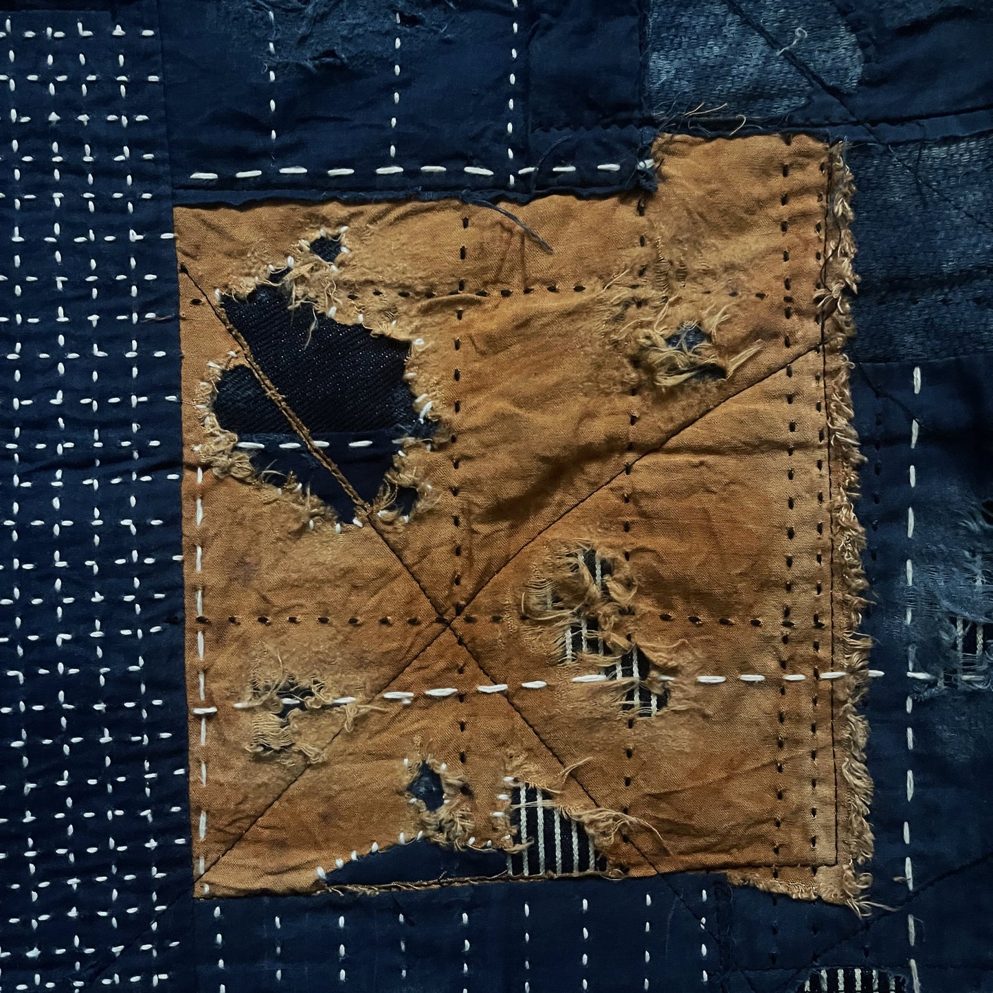 Indigo Collarless Boro Denim Jacket - M