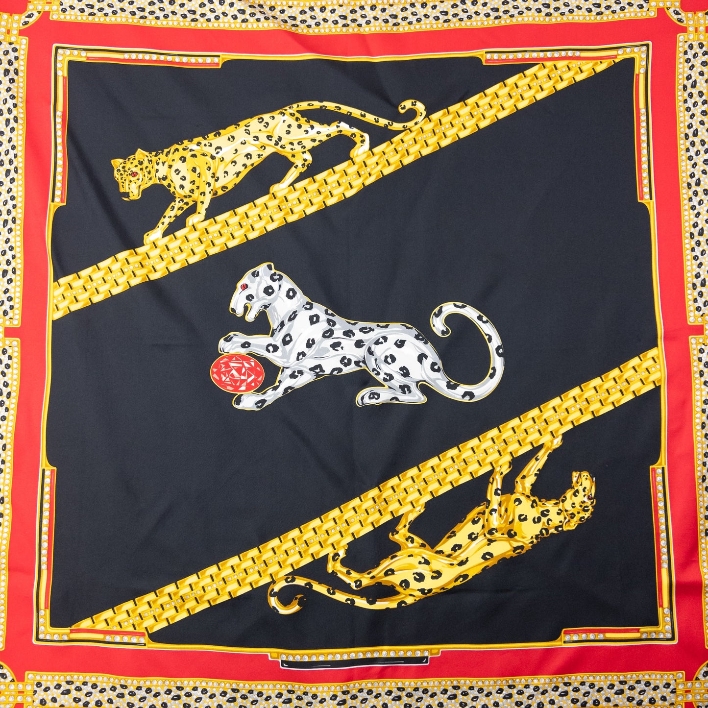 Vintage 90s Cartier Panther Print Silk Scarf | O/S, Black, Blue, Red, Yellow