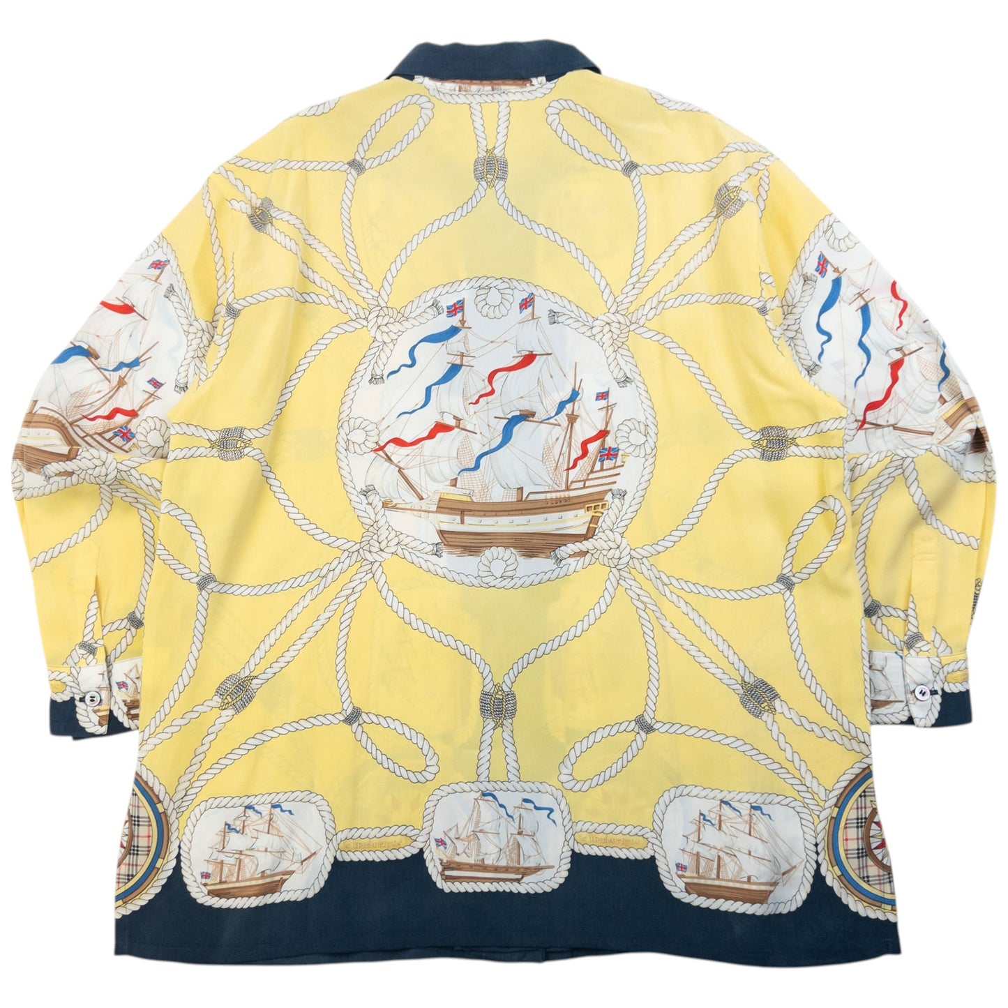 Vintage 80s Burberry Nautical Rope Ship Long Sleeve Button Up Silk Shirt Size L | Large, Yellow