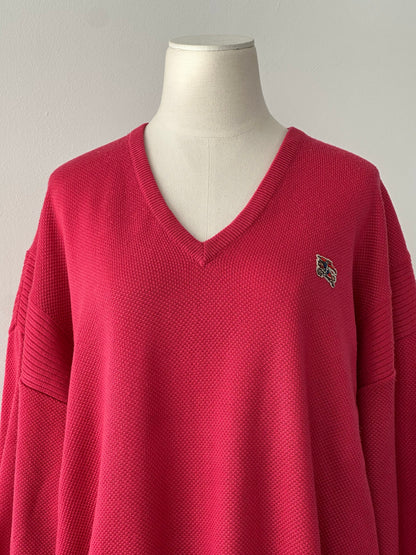 Burberry 1980s V-neck logo knit jumper in size L, British designer sweater with classic check pattern and brand logo detail.
