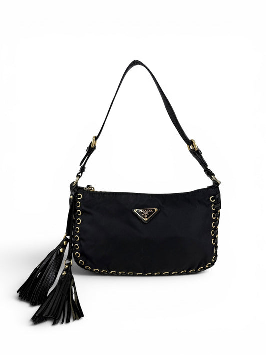 2000s RARE Prada Nylon Grommet Stitch Shoulder Bag | O/S, Black