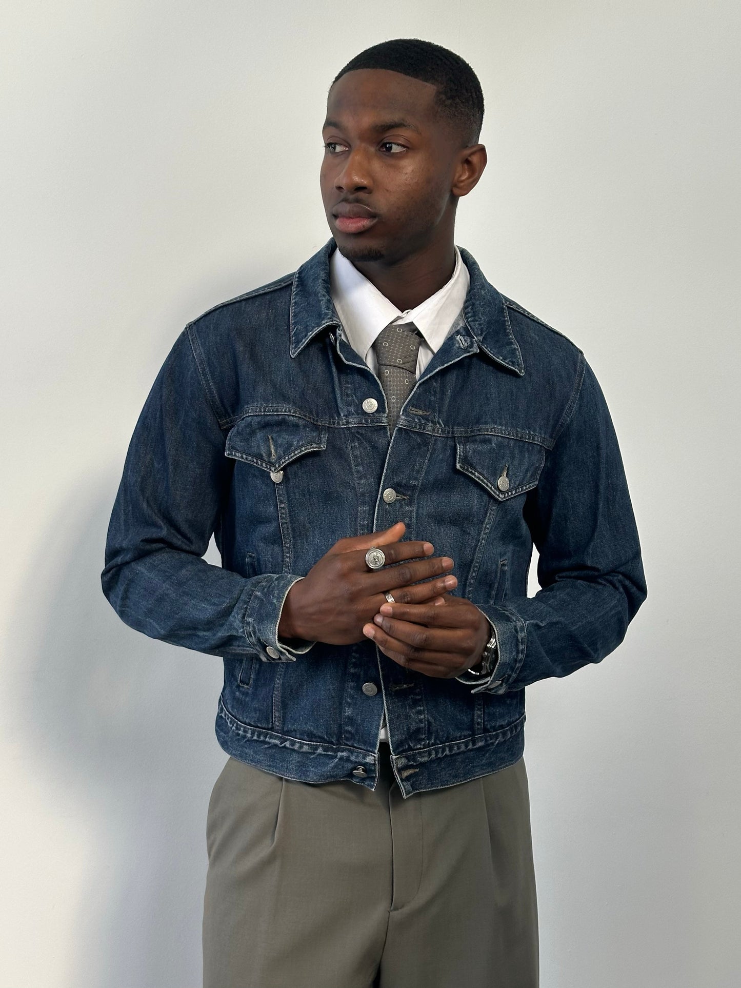 Armani Jeans 1990s pure cotton denim jacket, men's size M, classic blue indigo denim with button front and chest pockets.