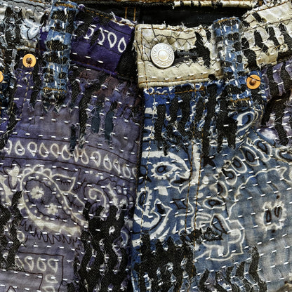 Boro Patchwork Sashiko Distressed Jeans - W32" | W32, Indigo