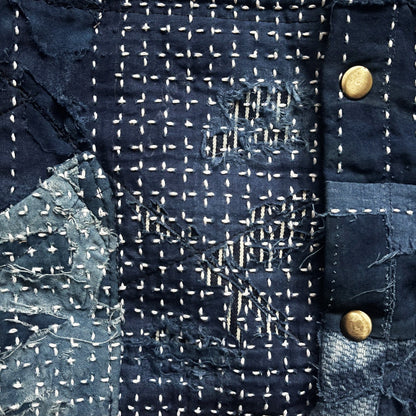 Indigo Collarless Boro Denim Jacket - M